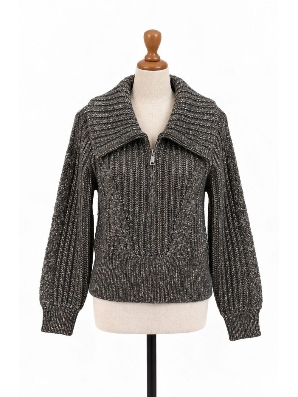 White House Black Market Metallic Cable Knit Half Zip Sweater Charcoal Womens M